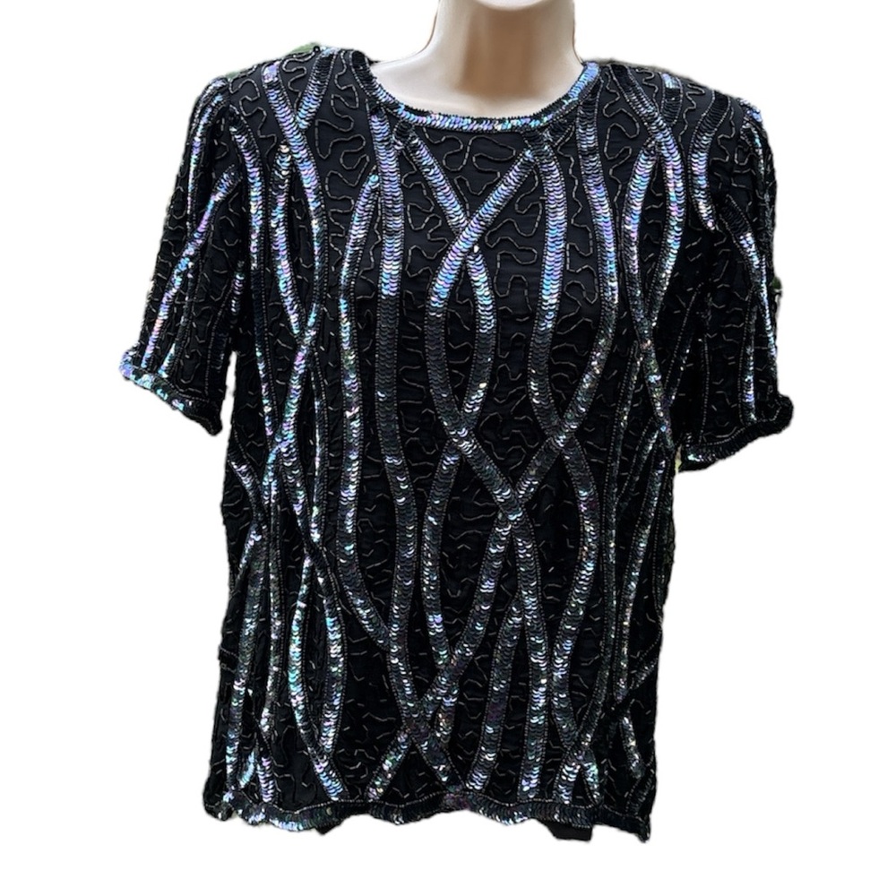 Vintage Carina Womens Sequins Beaded Silver & Black 100% Silk Blouse Top Size M